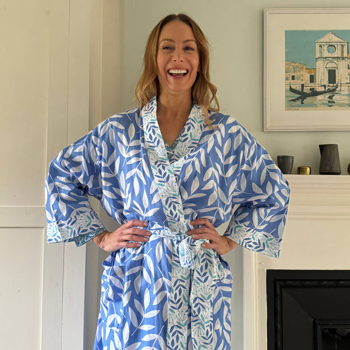 Cotton Long Kimono - Large Leaf China Blue