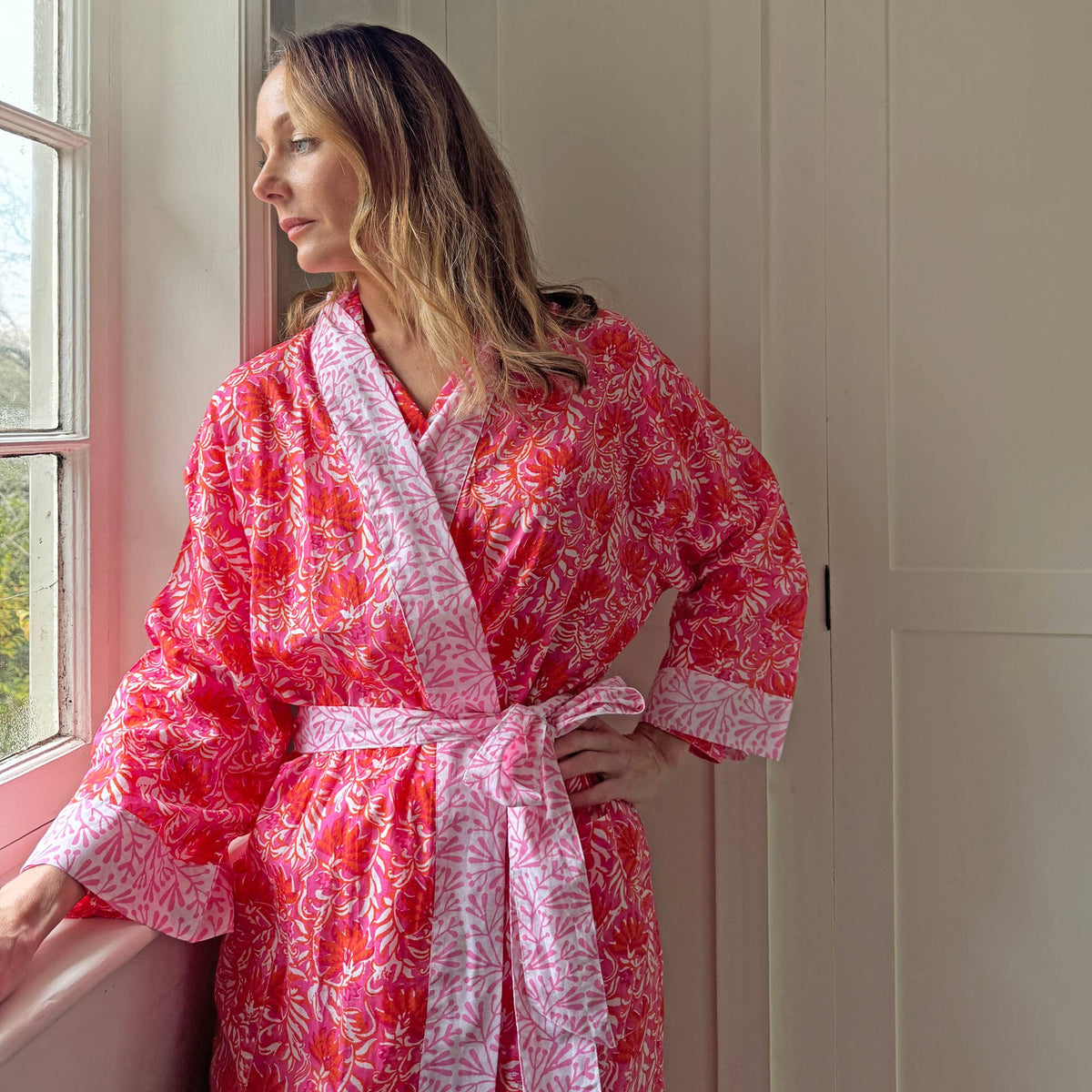 NEW Cotton Long Kimono - Jaipur Magenta & Orange Fabric