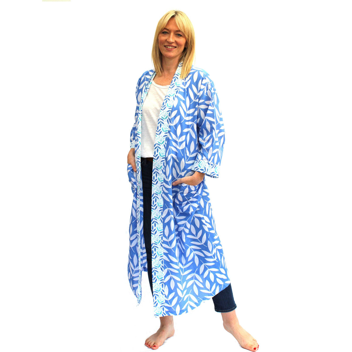Cotton Long Kimono - Large Leaf China Blue
