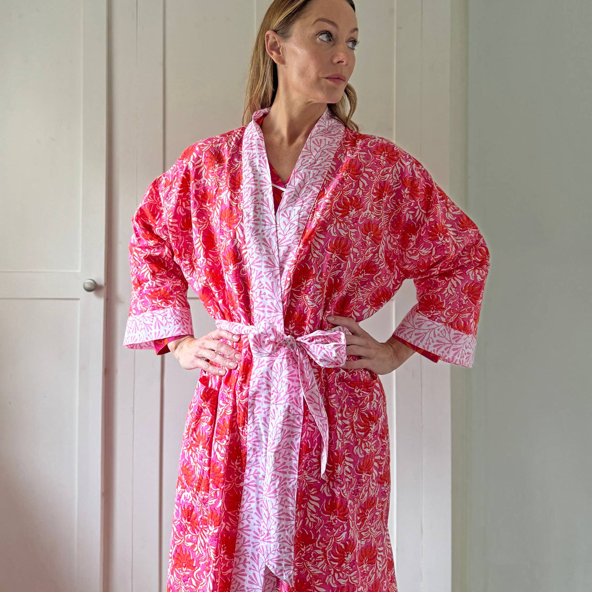 NEW Cotton Long Kimono - Jaipur Magenta & Orange Fabric