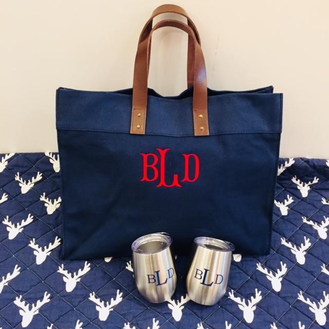 Embroidered Monogram Leather Handle Advantage Tote