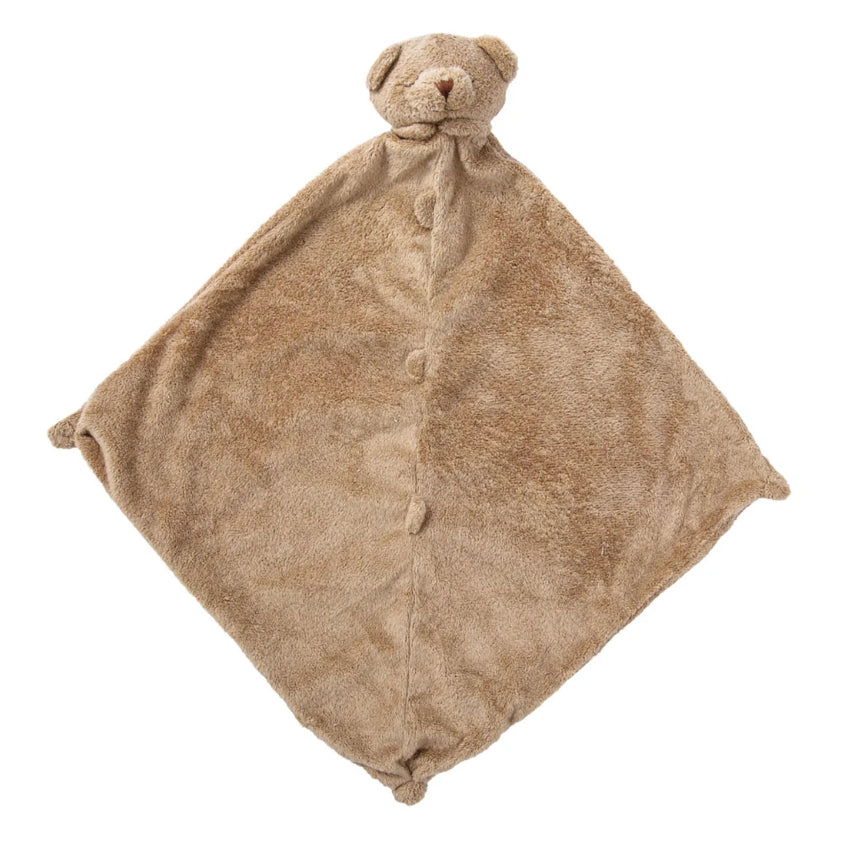 Brown plush blanket with bear face on a white background