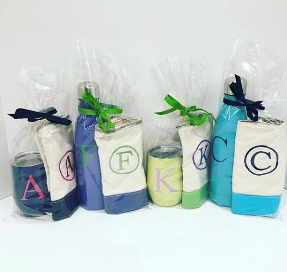 Embroidered Monogram Canvas Makeup Bag Wine Tumbler Water Bottle Gift Set