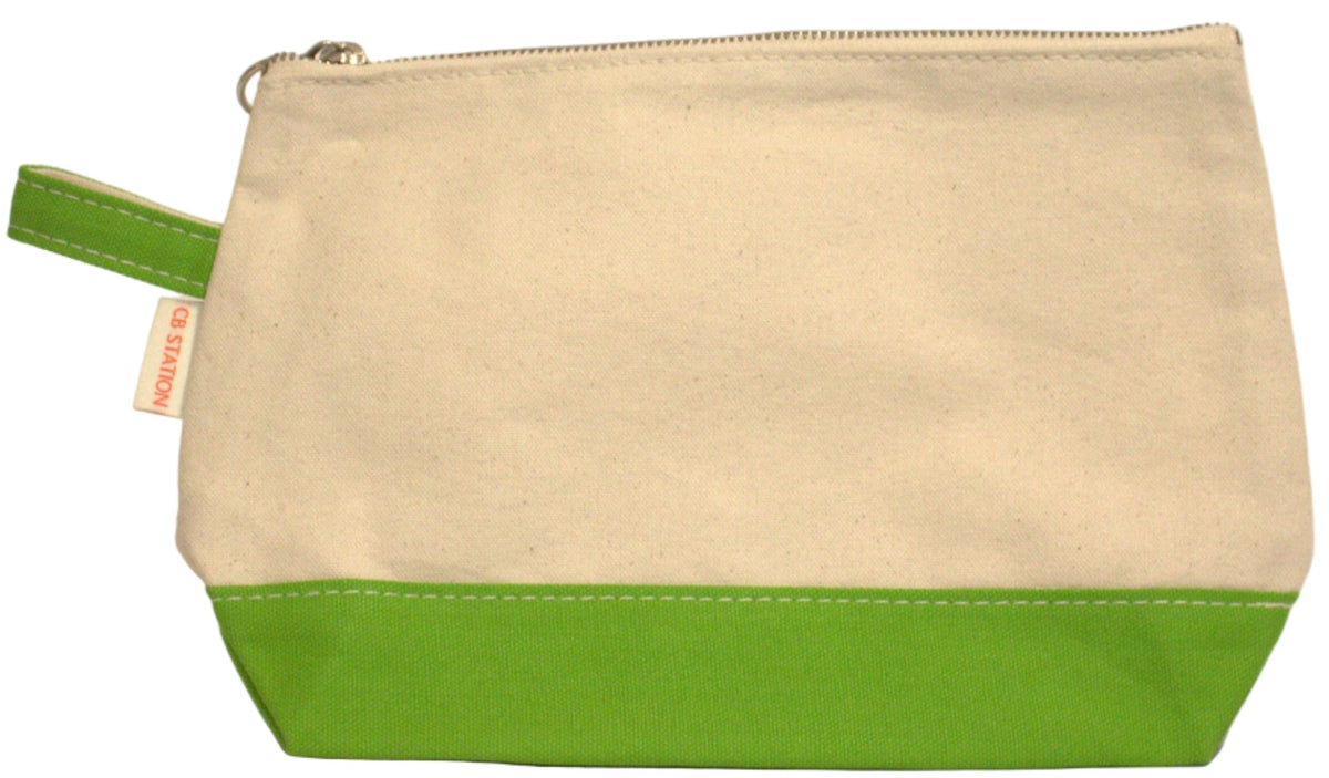 Beige and green pouch on a light gray background