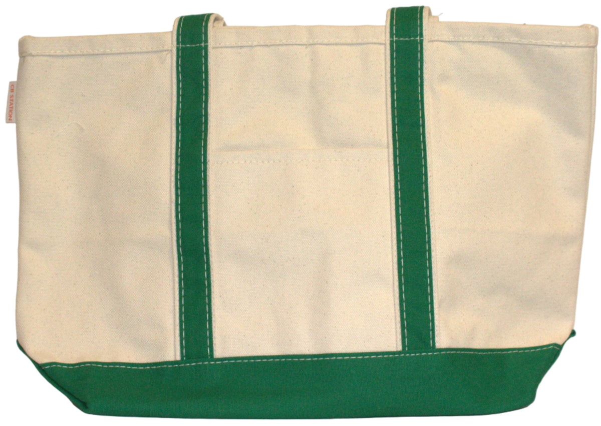 Beige tote bag with green straps on a beige background
