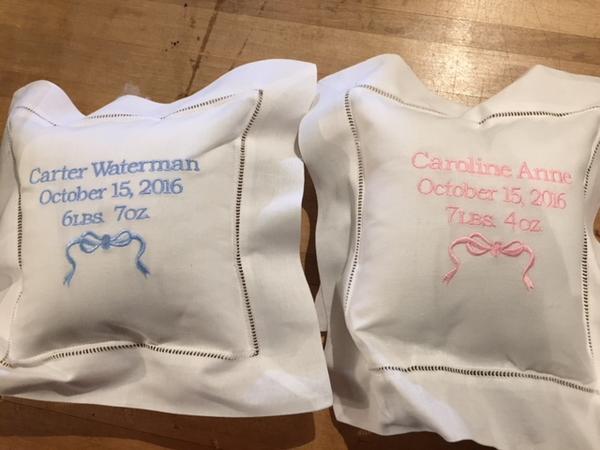 Embroidered Monogram Linen Square Pillow Baby Gift
