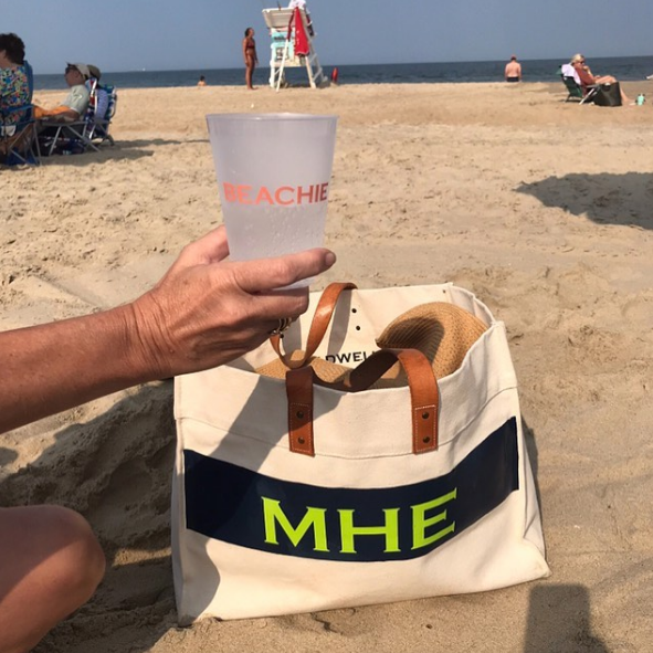 Monogram Stripe Canvas Leather Handle Advantage Tote Beachie Cup