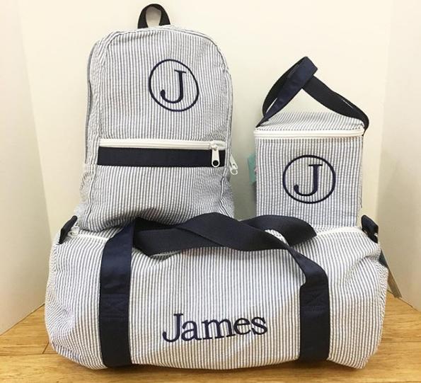 Embroidered Monogram Kids Seersucker Duffel Bag Backpack Snack Square