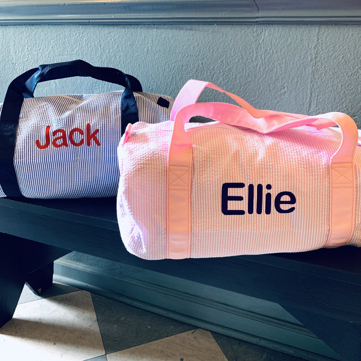 Embroidered Monogram Kids Seersucker Duffel Bag