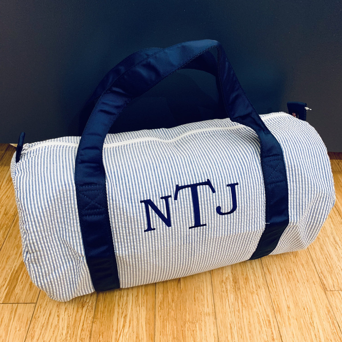 Embroidered Monogram Kids Seersucker Duffel Bag