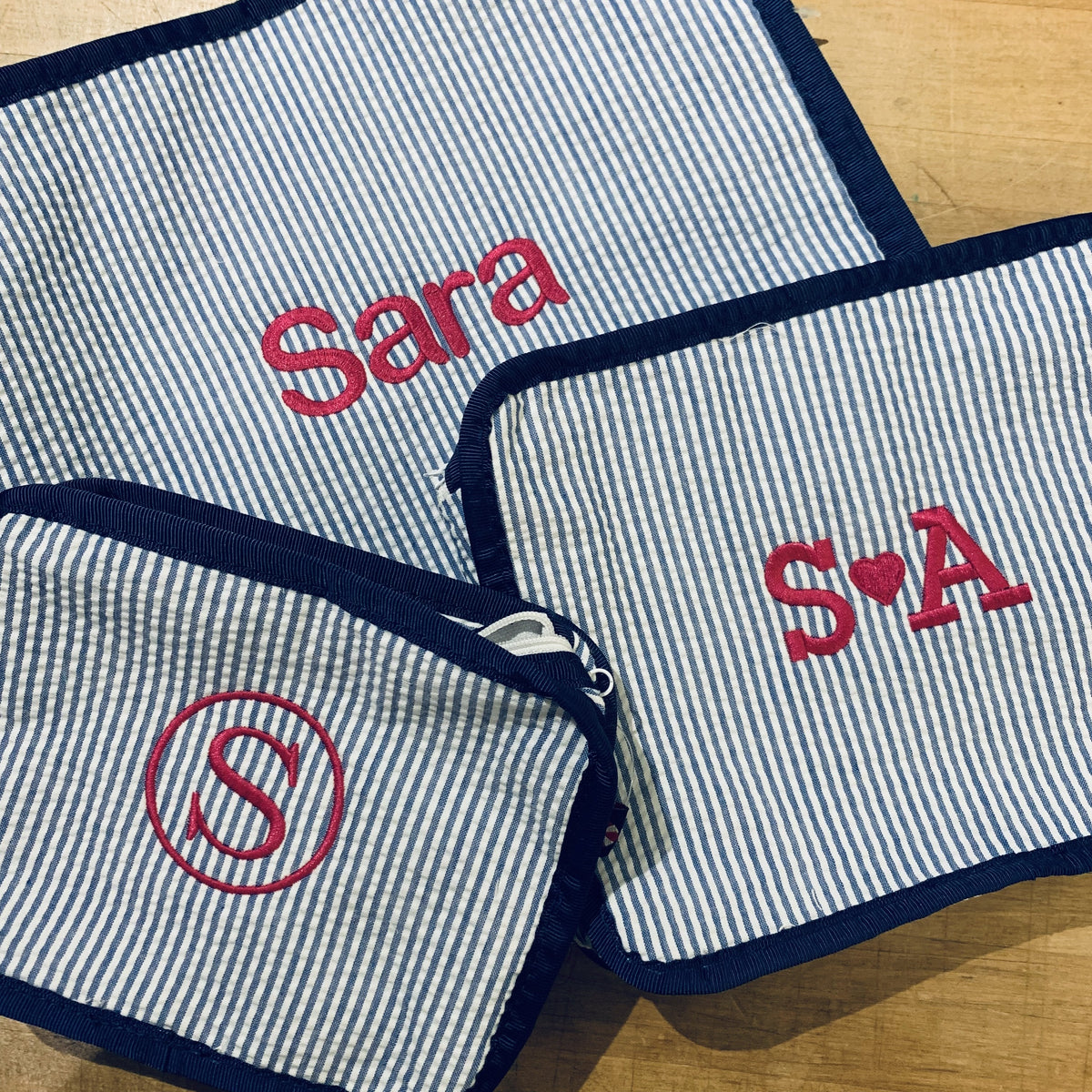 navy seersucker stacking set embroidered monogram
