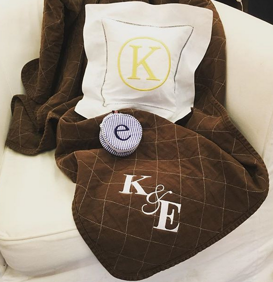 Embroidered Monogram Linen Square Pillow Quilted Throw Small Jewel Round