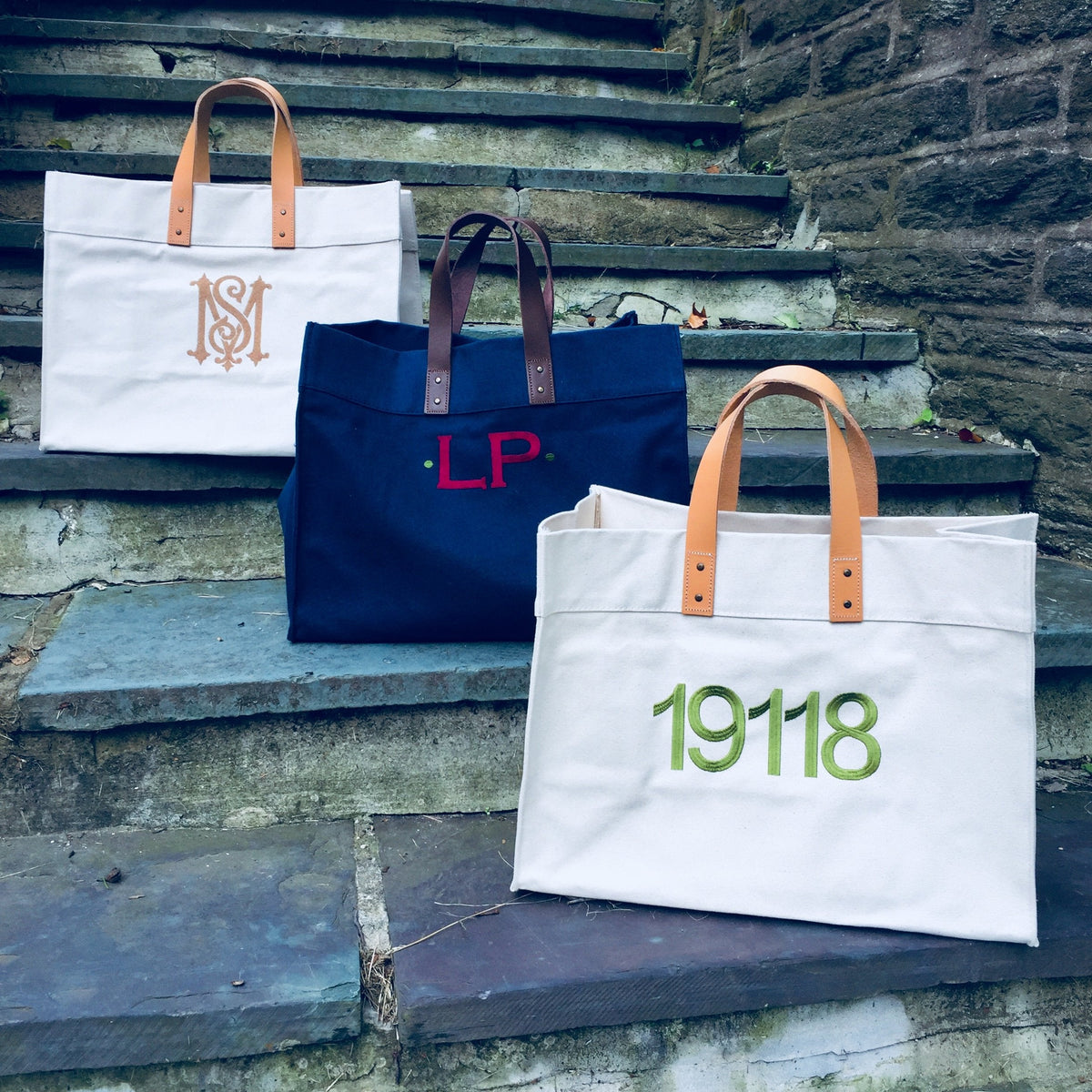 Embroidered Monogram Leather Handle Advantage Tote