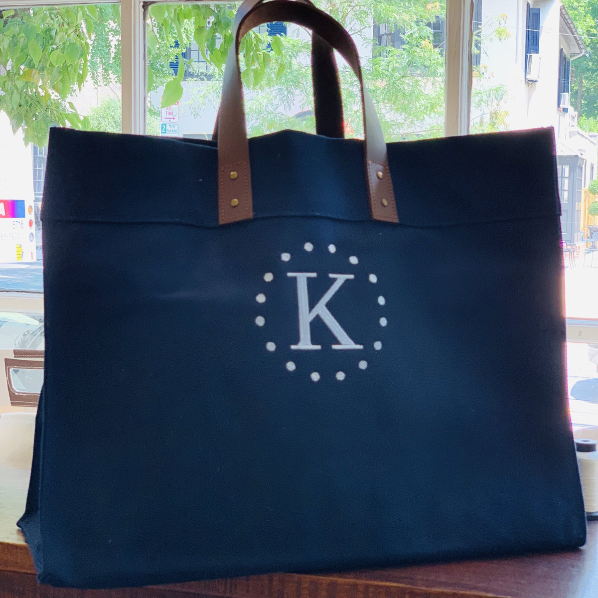 Embroidered Monogram Leather Handle Advantage Tote