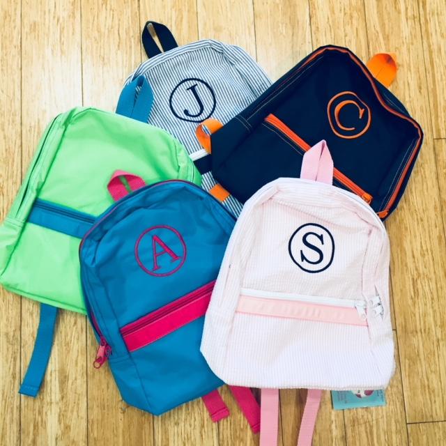 Embroidered Monogram Kids Seersucker Backpack