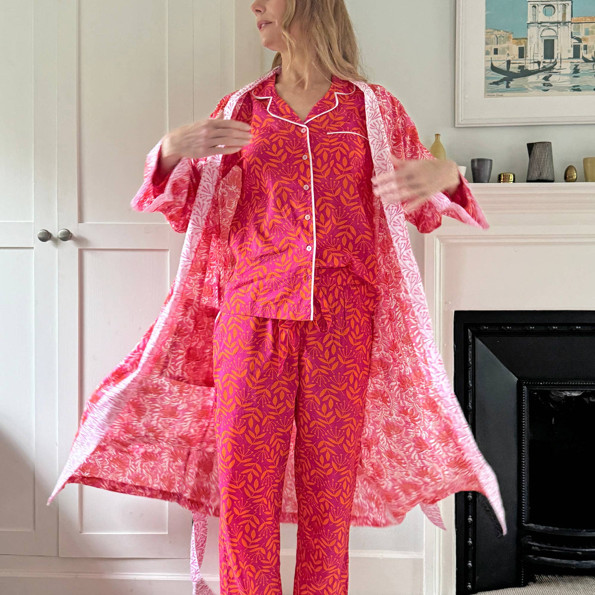 NEW Cotton Long Kimono - Jaipur Magenta & Orange Fabric