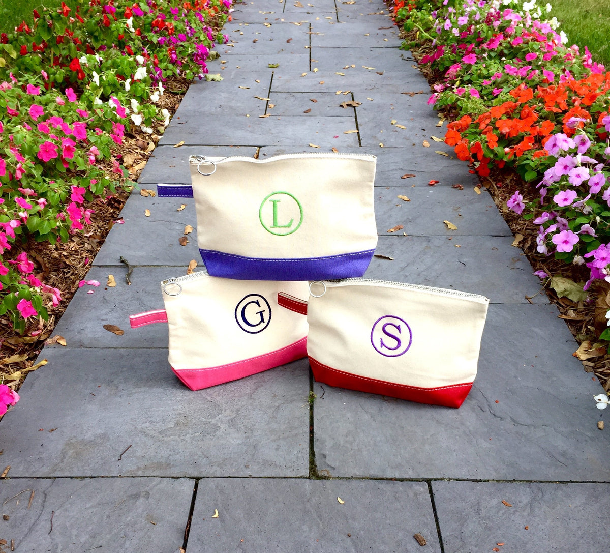 Embroidered Monogram Canvas Makeup Bag Purple Red Pink