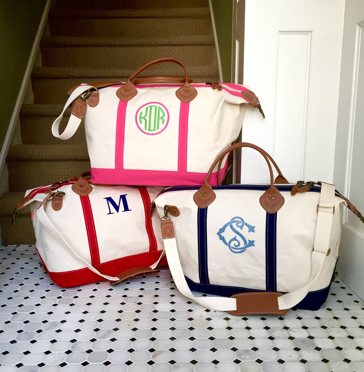 Embroidered Monogram Canvas Weekender Duffel