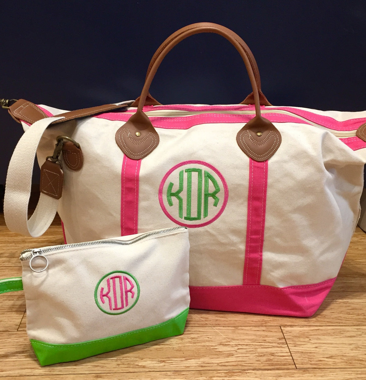 Embroidered Monogram Canvas Makeup Bag and Weekender Duffel