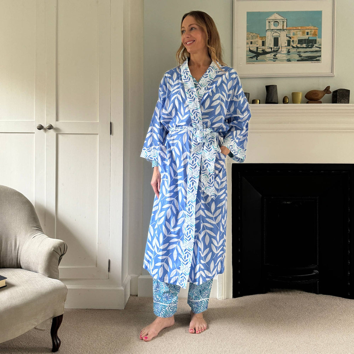 Cotton Long Kimono - Large Leaf China Blue
