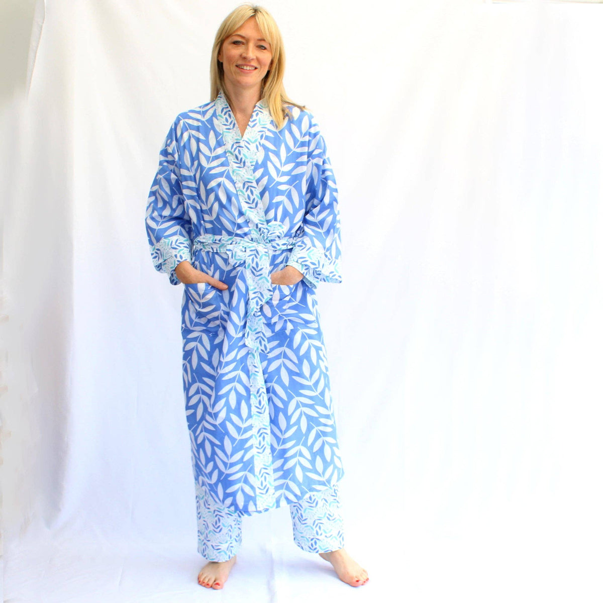 Cotton Long Kimono - Large Leaf China Blue