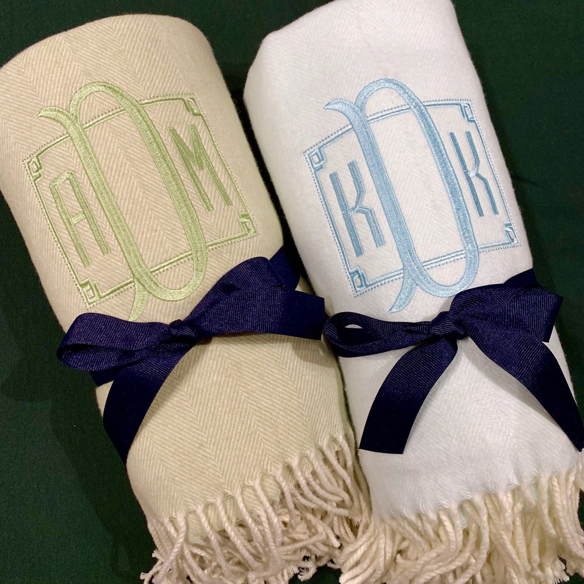Embroidered Monogram Italian Herringbone Throw Blanket