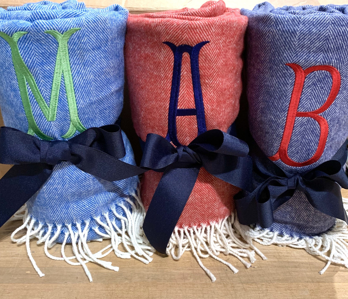 Embroidered Monogram Italian Herringbone Throw Blanket