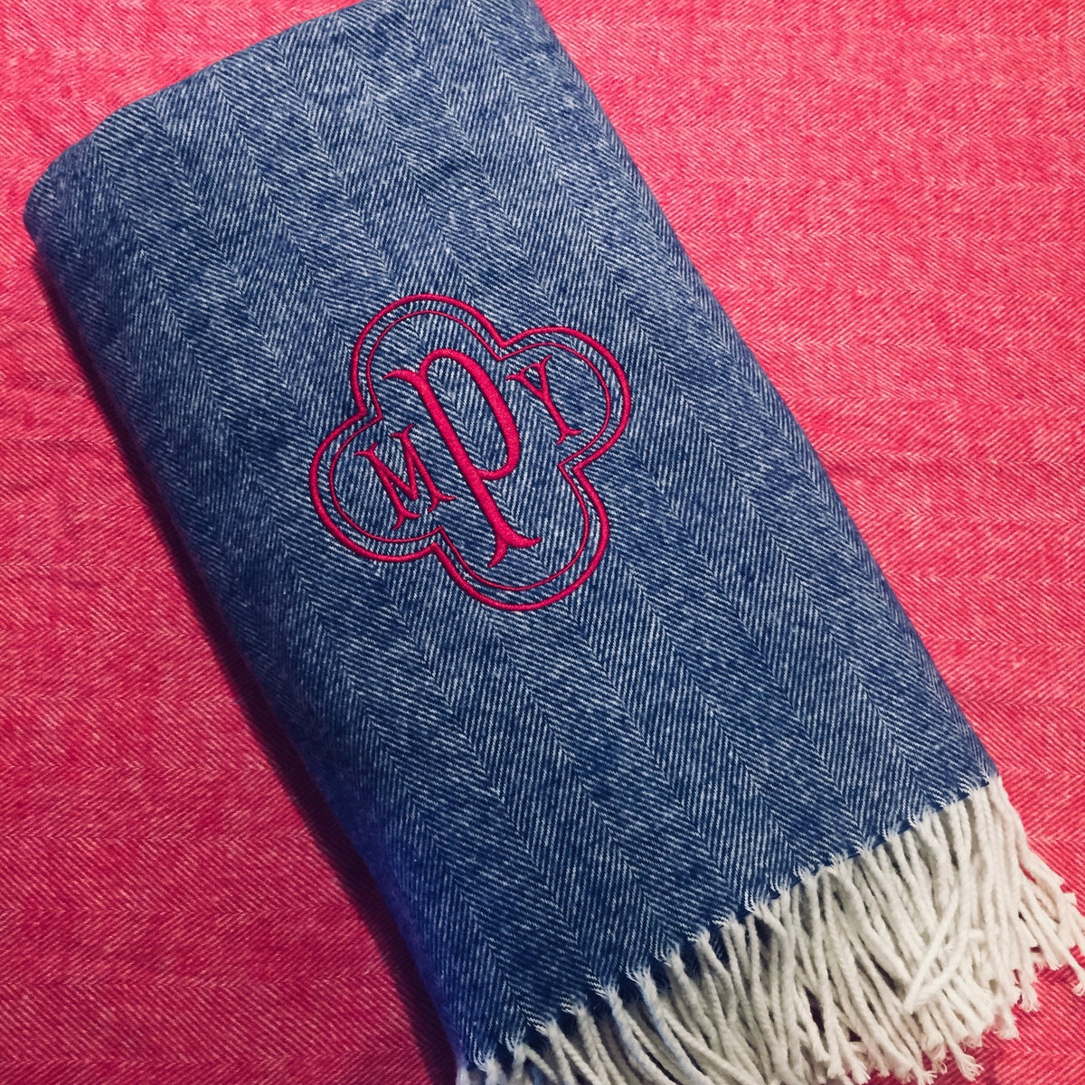 Embroidered Monogram Italian Herringbone Throw Blanket
