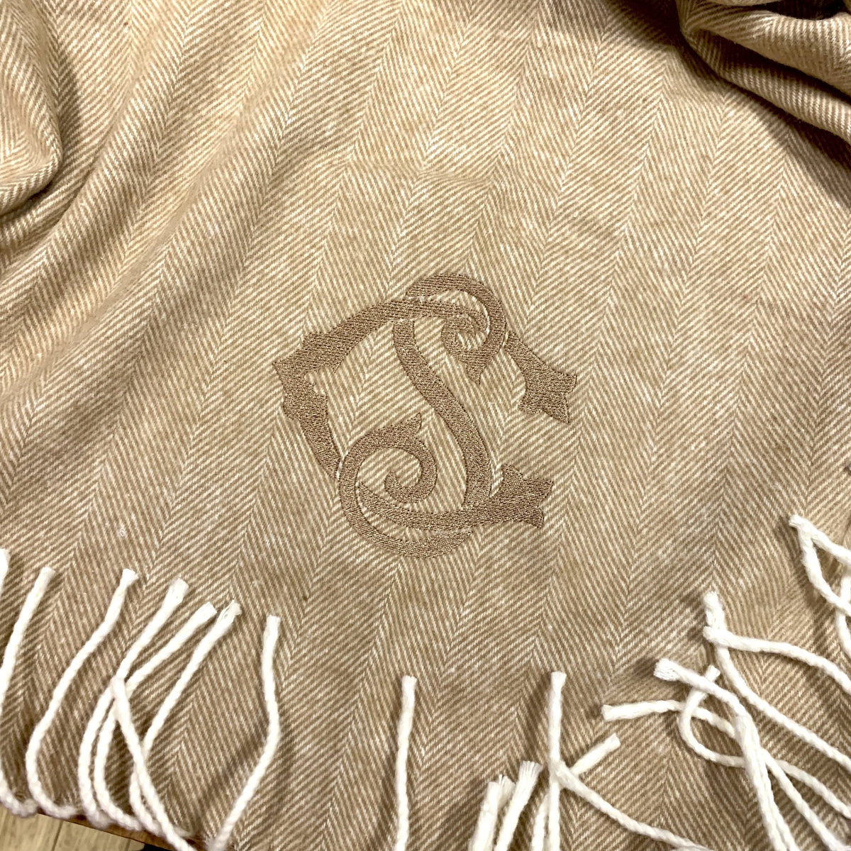 Embroidered Monogram Italian Herringbone Throw Blanket