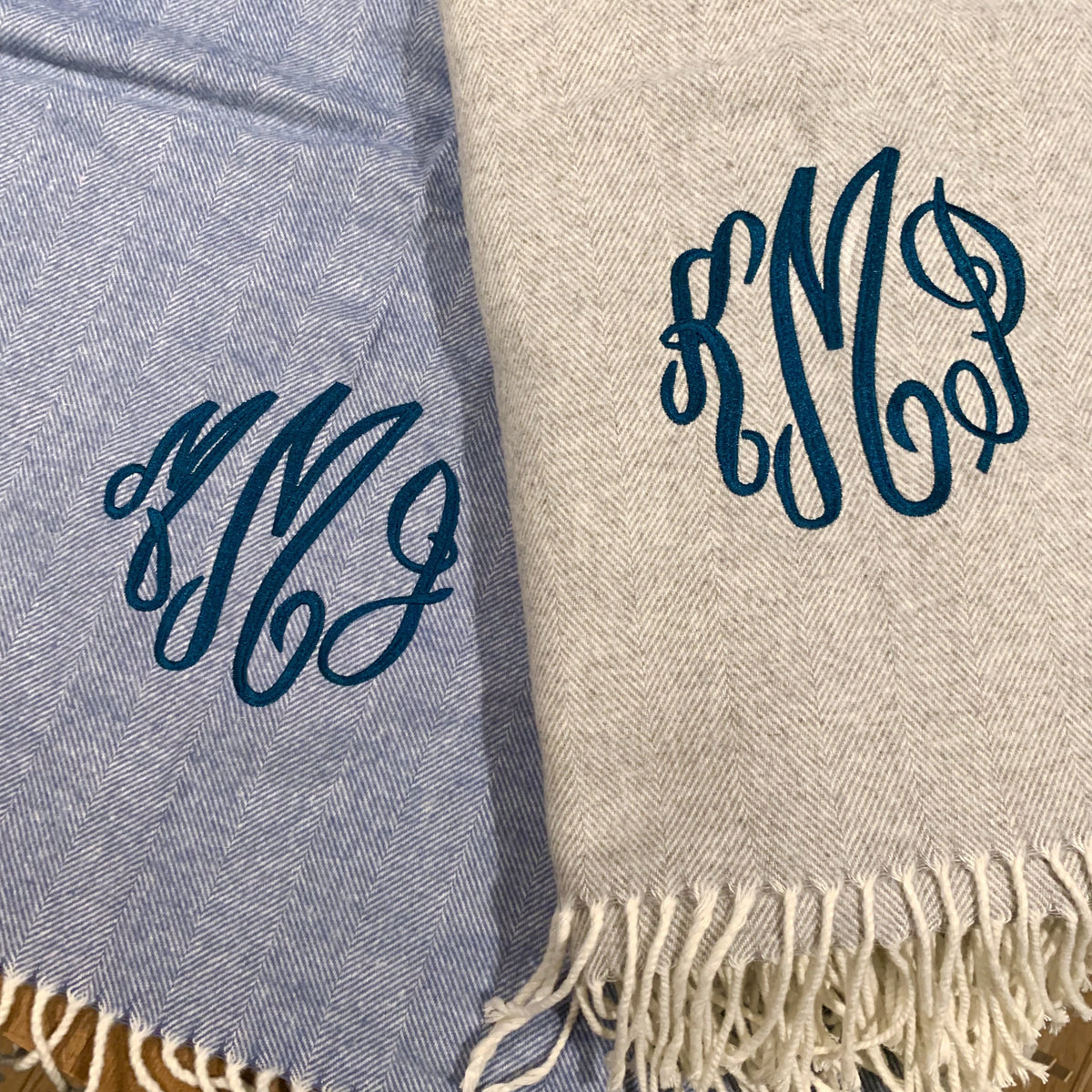 Embroidered Monogram Italian Herringbone Throw Blanket