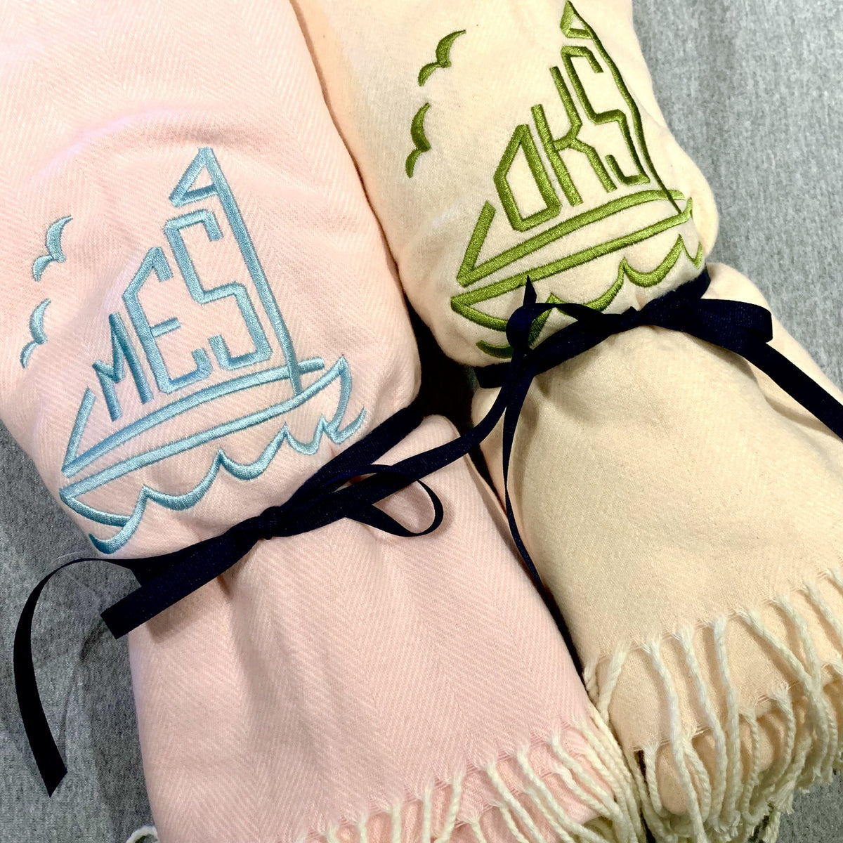 Embroidered Monogram Italian Herringbone Throw Blanket