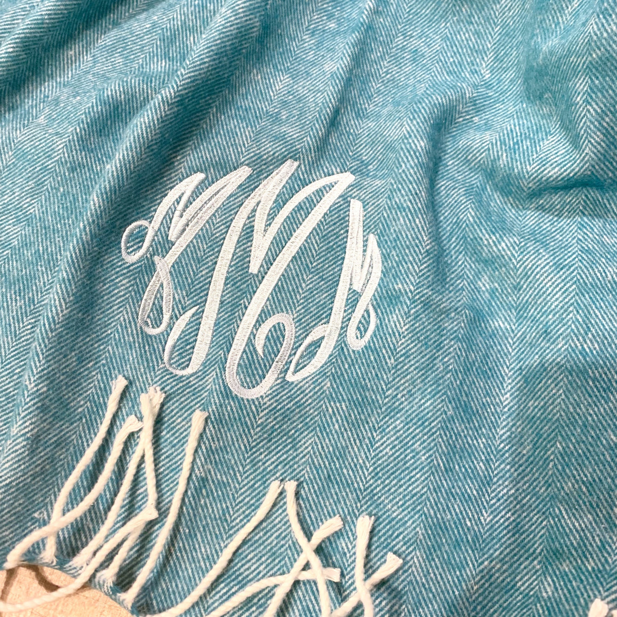 Embroidered Monogram Italian Herringbone Throw Blanket