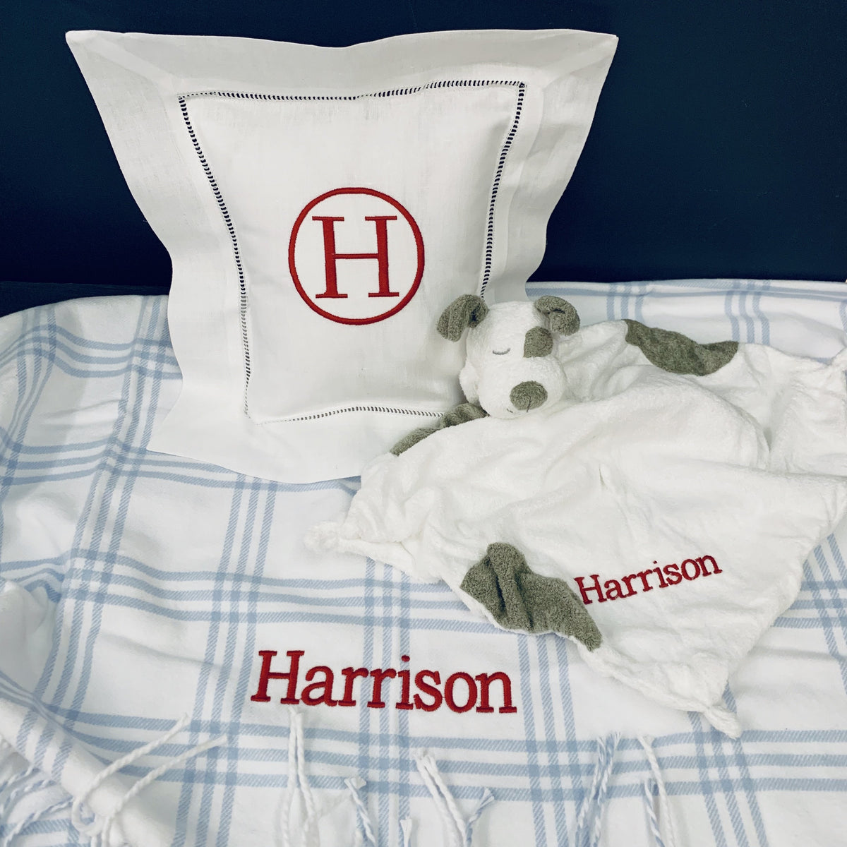 Embroidered Monogram Linen Square Pillow Animal Luvie Flannel Blanket