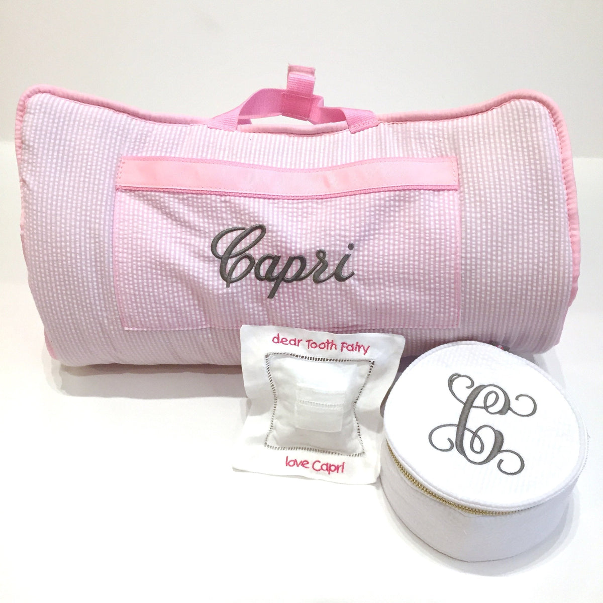 Embroidered Monogram Large Jewel Round Tooth Fairy Pillow Nap Roll
