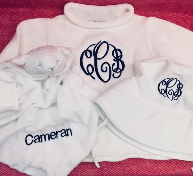 Embroidered Monogram Animal Luvie Rollneck Sweater Baby Swim Bucket Hat