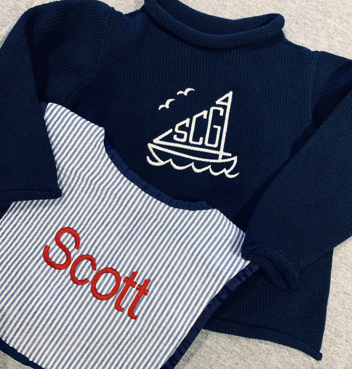 Embroidered Monogram Seersucker Baby Bib