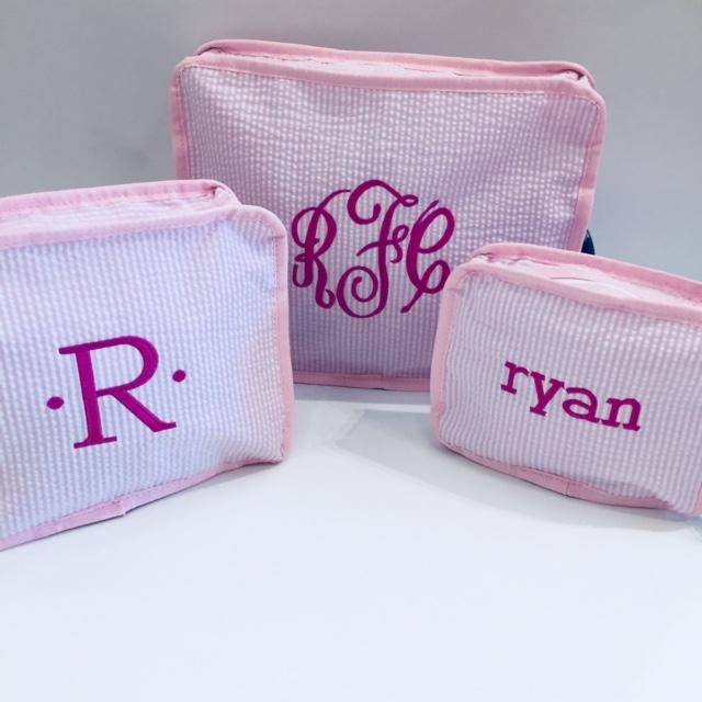 Pink seersucker stacking set embroidered monogram