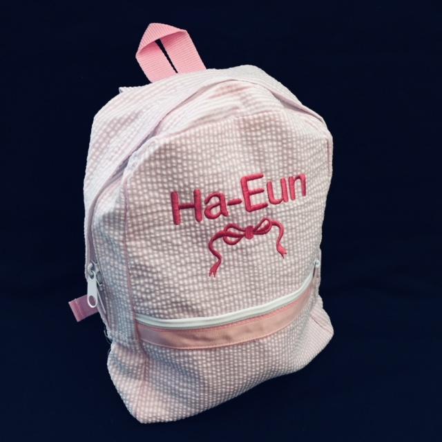Embroidered Monogram Kids Seersucker Backpack