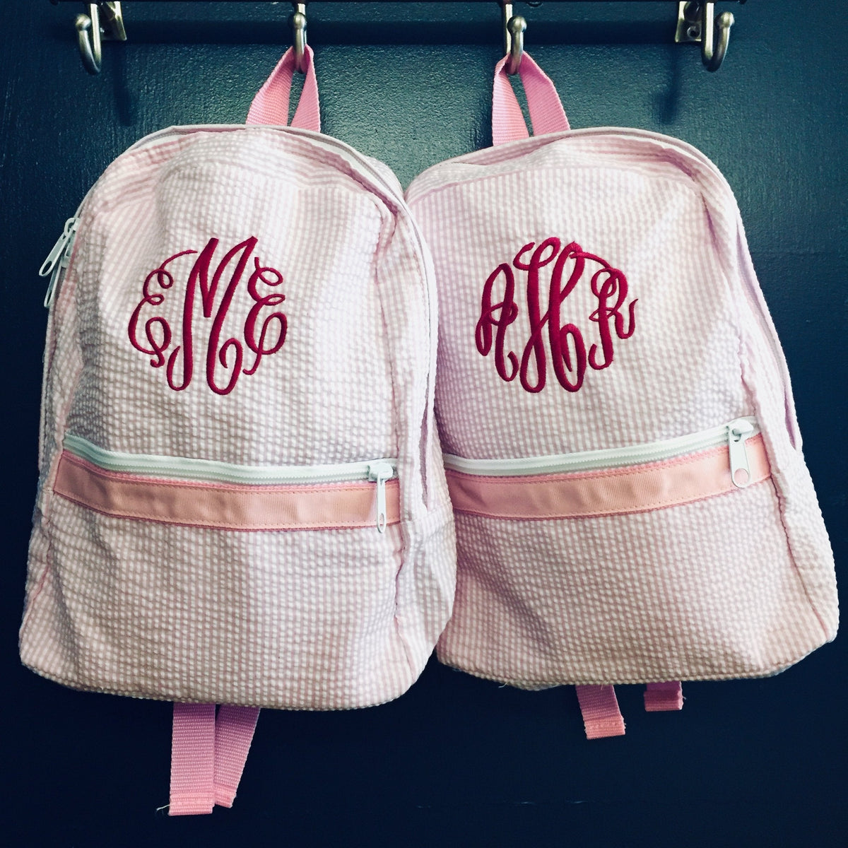 Embroidered Monogram Kids Seersucker Backpack