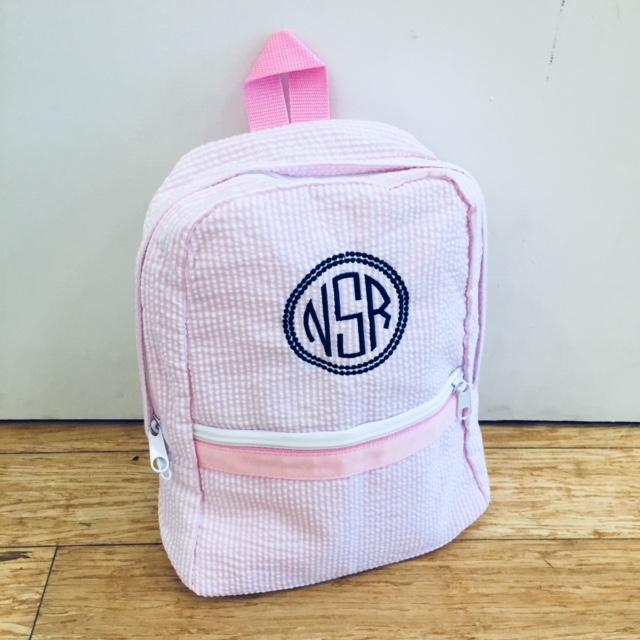 Embroidered Monogram Kids Seersucker Backpack