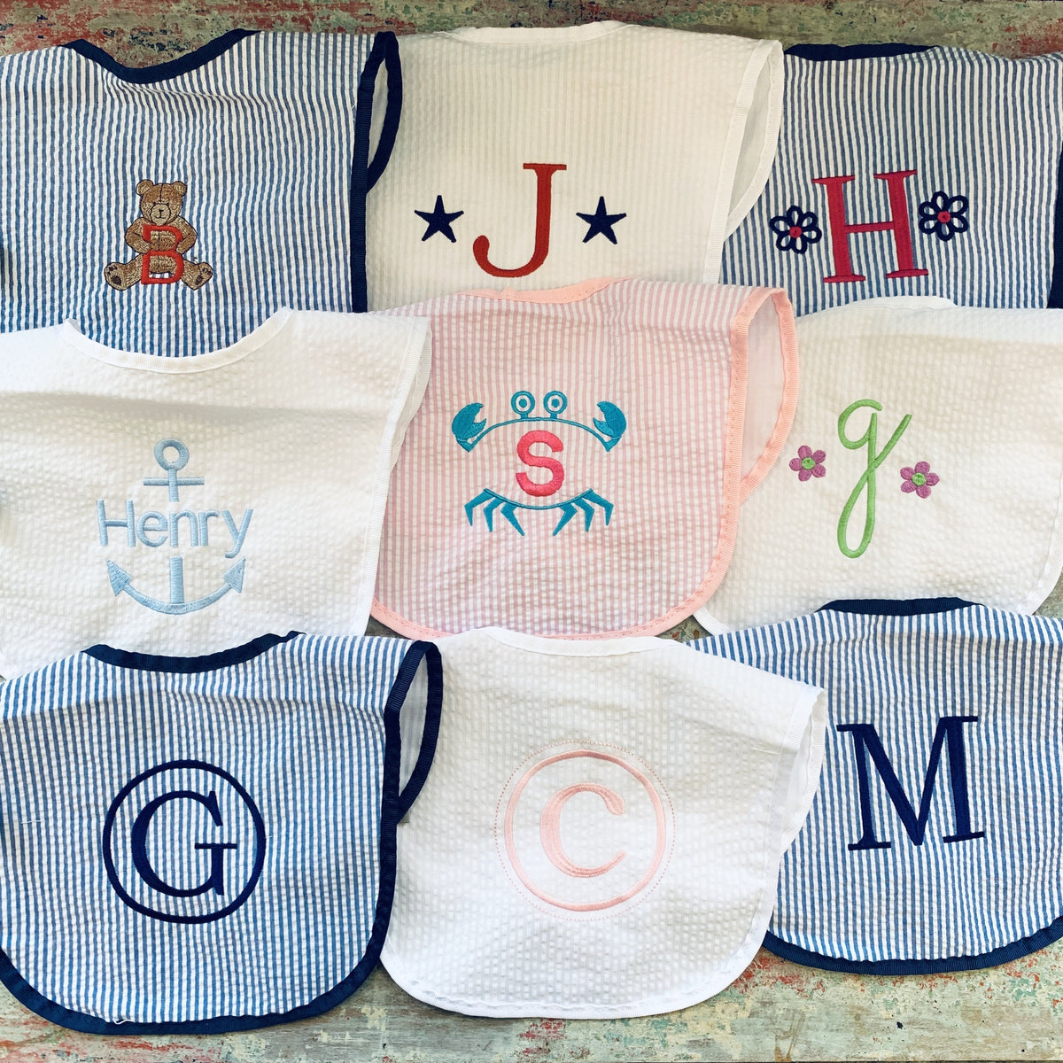 Embroidered Monogram Seersucker Baby Bib