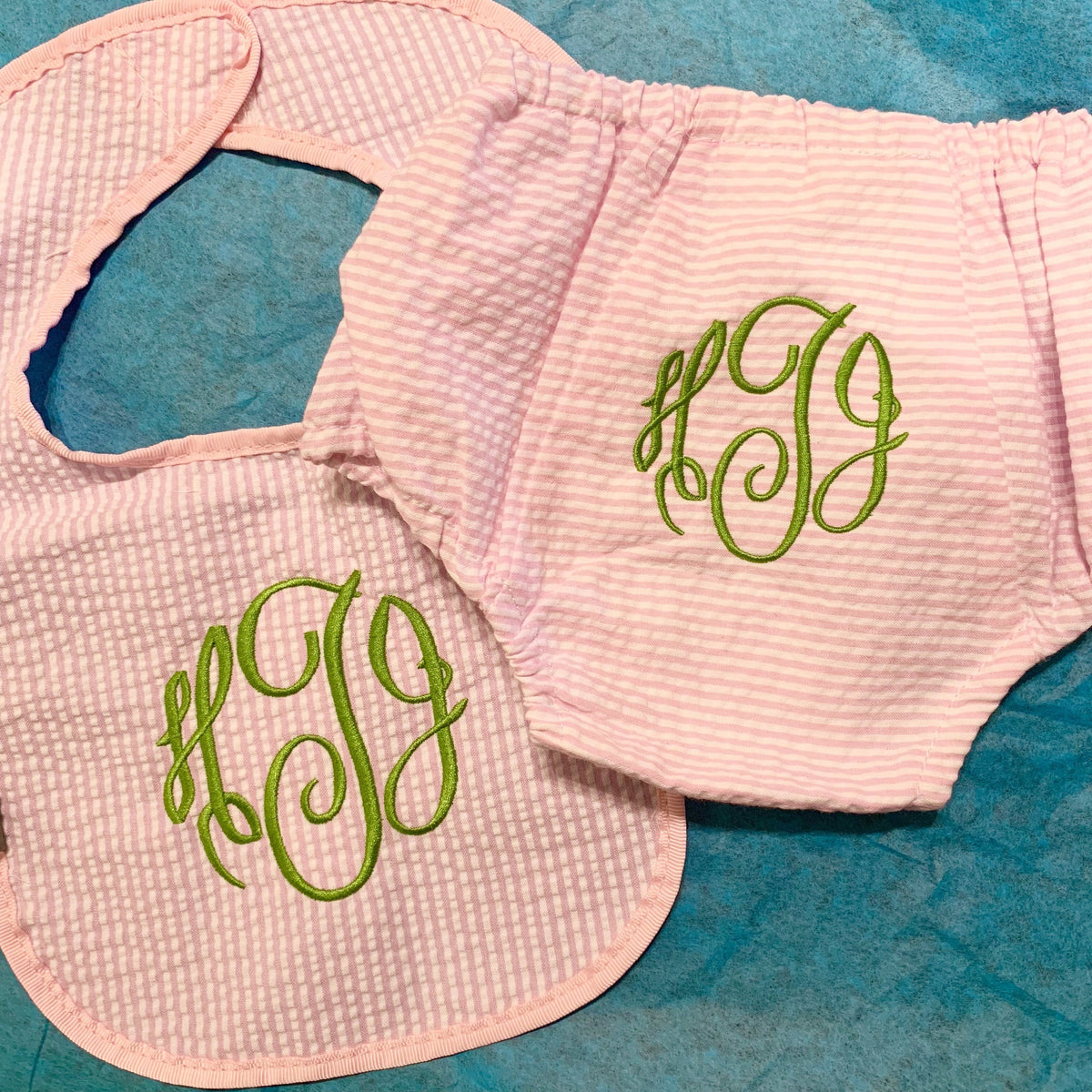 Embroidered Monogram Seersucker Baby Bib Diaper Cover
