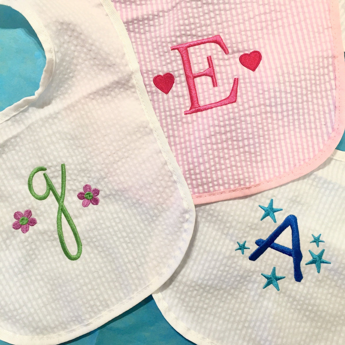Embroidered Monogram Seersucker Baby Bib