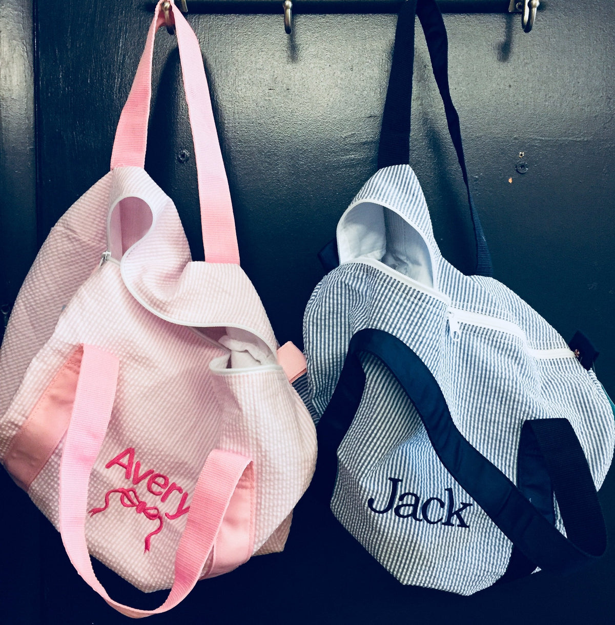 Embroidered Monogram Kids Seersucker Duffel Bag Backpack Snack Square