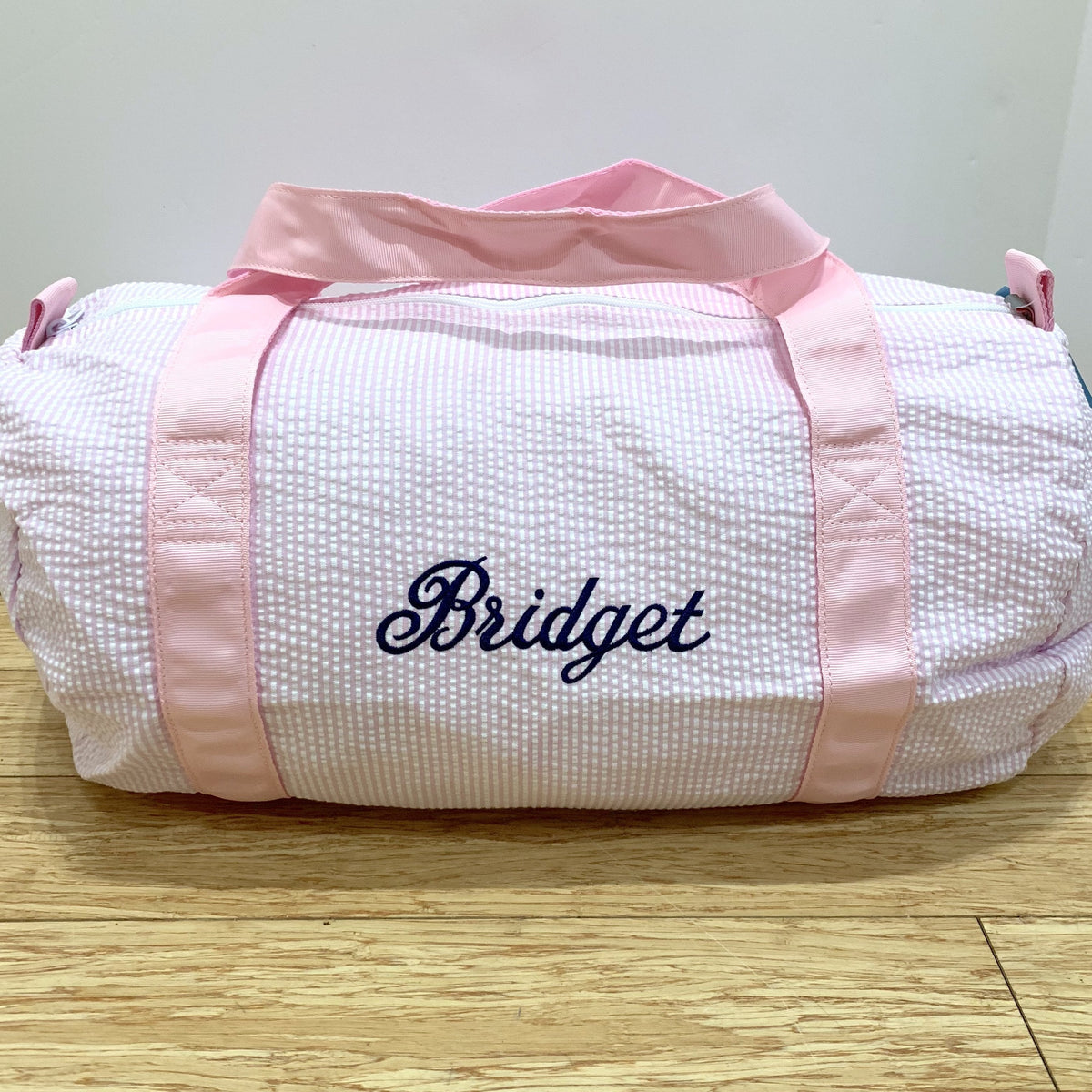 Embroidered Monogram Kids Seersucker Duffel Bag