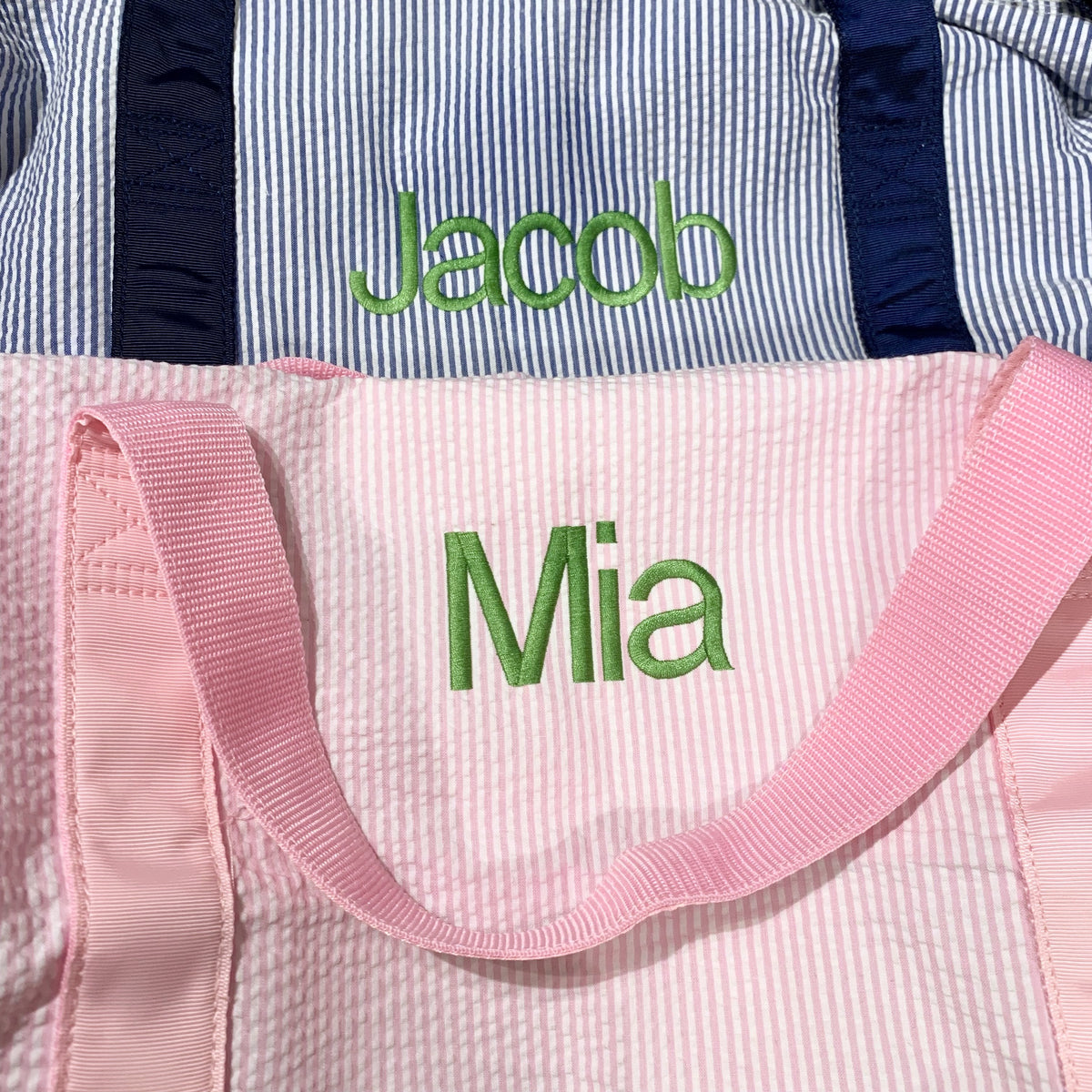 Embroidered Monogram Kids Seersucker Duffel Bag