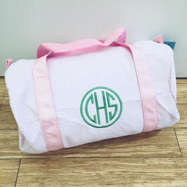 Embroidered Monogram Kids Seersucker Duffel Bag