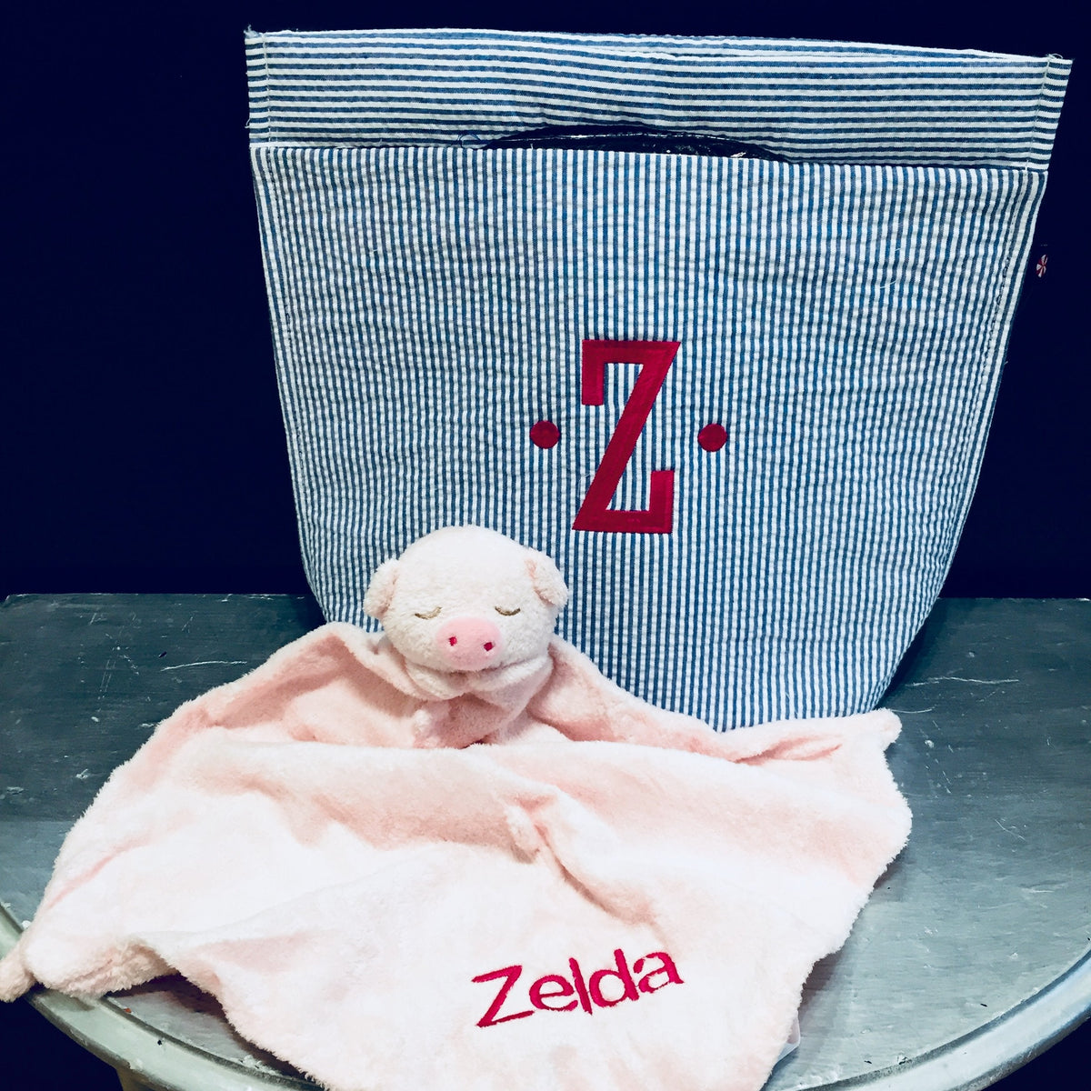 Embroidered Monogram Baby Animal Luvie and Seersucker Cooler Tote