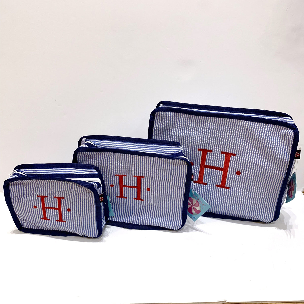 navy seersucker stacking set embroidered monogram