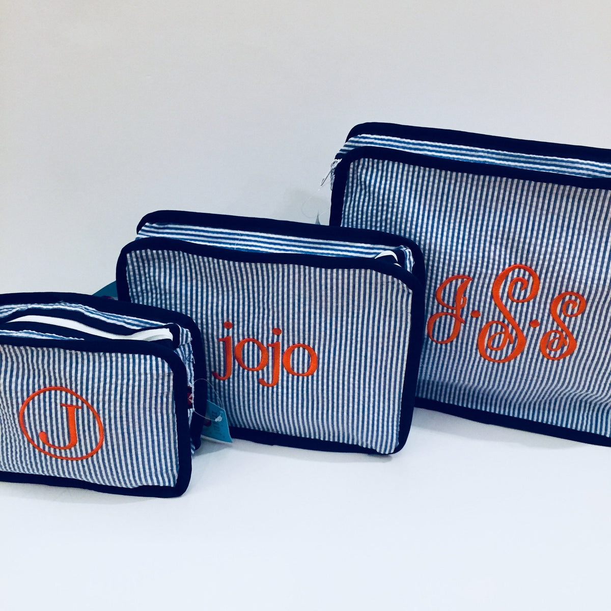 navy seersucker stacking set embroidered monogram